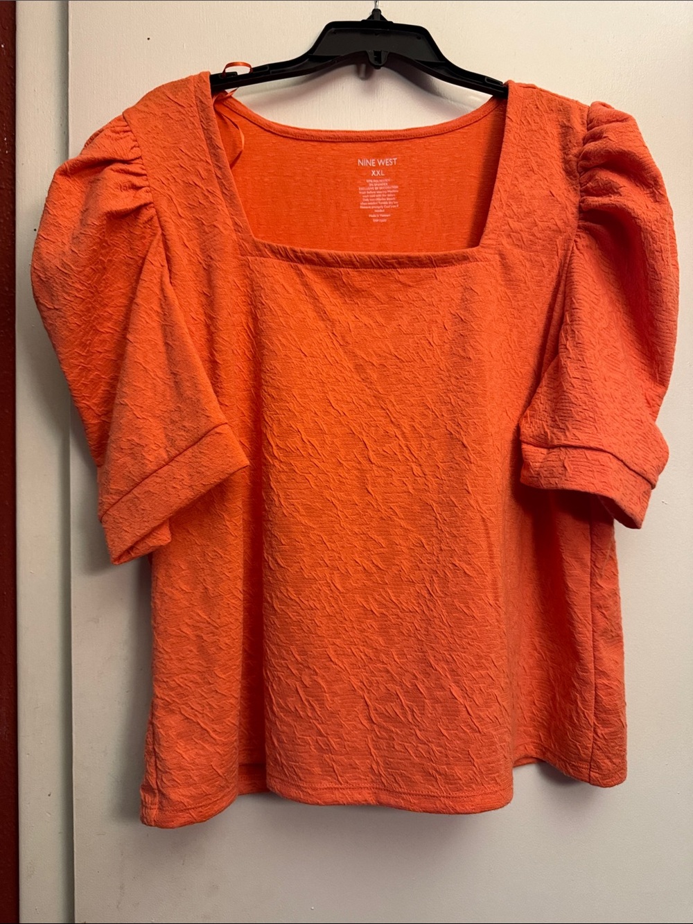 Nine West Vibrant Orange Puff-Sleeve Square Neck Blouse